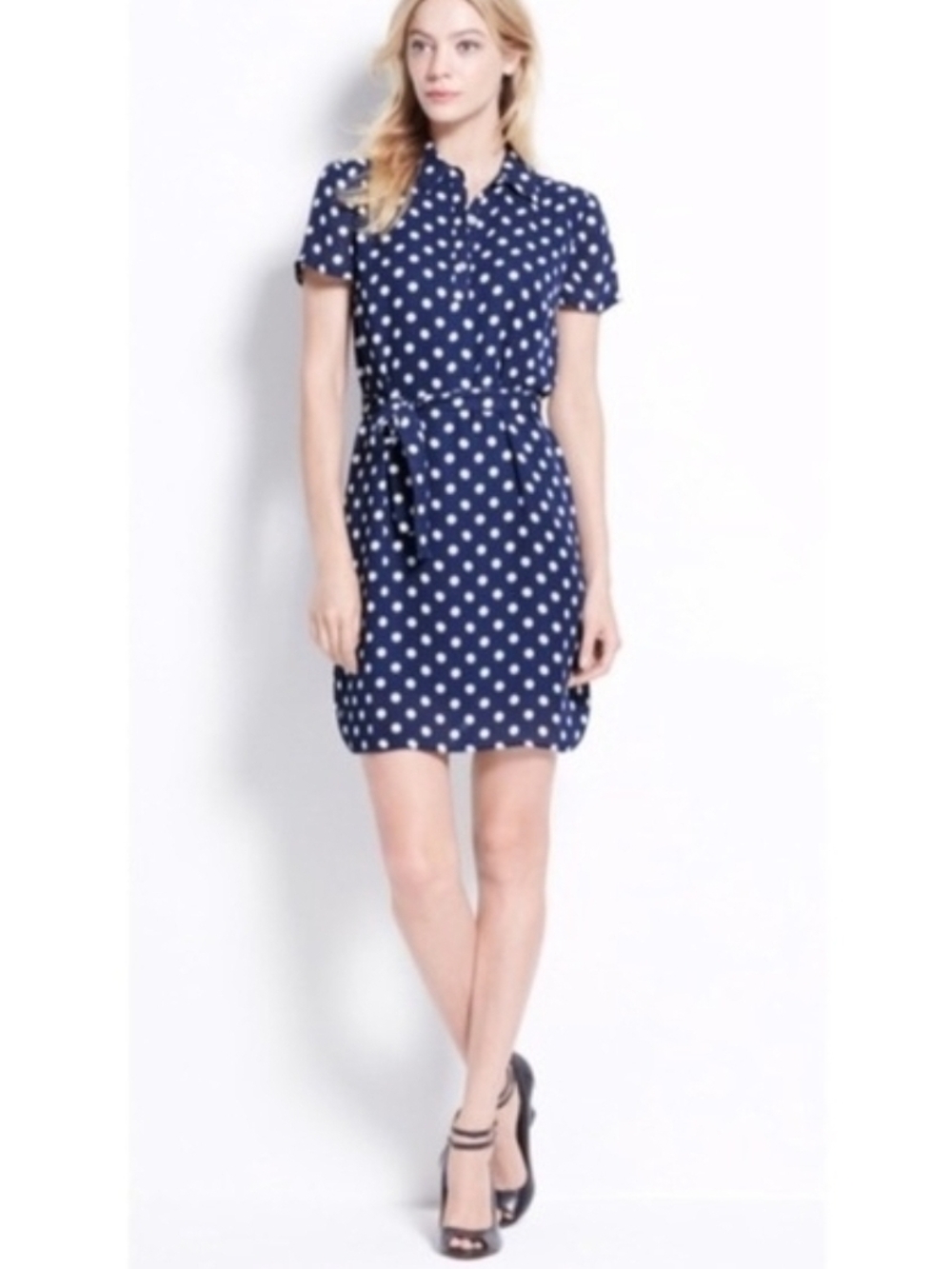 Ann Taylor Navy and White Polka Dot Shirt Dress Medium Petite